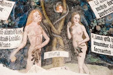 Adam and Eve Sinning with the Snake, Gothic Fresco, Cloister, Cathedral, Brixen, Italy
