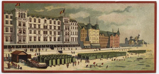 Grand hotels: exterior view of the Hotel de la Plage in Ostend, Belgium - Map of a series presenting the hotels of the 