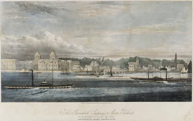 Greenwich Transport Company steamships in front of the Greenwich pier buildings