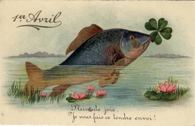 Greeting card for April 1st: fish with a four-leaf clover - Postcard late 19th-20th century