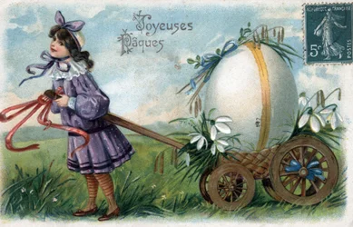 Greeting Card for Easter: A Little Girl Traps a Giant Egg in a Cart