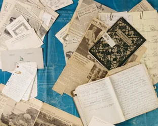 Group of archival materials including correspondence, newspaper clippings, blueprints, patents, lecture materials and furnace models