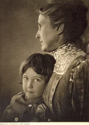 Half-length portrait of a child tenderly embraced by an elderly lady