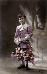 Happy New Year Greeting Card: A Child Holding a Basket of Flowers - Postcard dated 1920