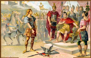 History. Ancient Rome. Vercingetorix surrenders to Julius Caesar in Alesia, 52 BC. Imagery, France, c.1900.