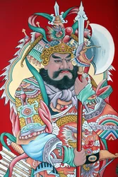 Hoi Tuong Te Nguoi Hoa Buddhist Chinese temple, Guardian figure paintings on gate, Phu Quoc, Vietnam