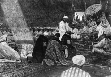 In the Days of the Golden Horde, depiction of Russians paying tribute to the Tartar rulers in the 14th Century, painting by A. F. Maximov