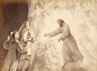 In the Sphere of Mars, Dante meets the spirit of his ancestor Cacciaguida. Illustration of the Canto XV of Paradiso of The Divine Comedy of Dante Alighieri. Work of Francesco Scaramuzza dedicated to the Municipality of Florence