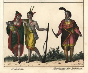 Iroquois Indians, a couple with a baby, the gun man has tattooed body and the tribe leader. Lithography for the book: “Galerie complete en tableaux fideles des peuples d