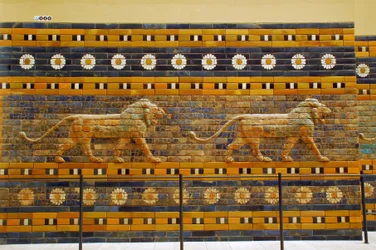 Ishtar Gate, originally belonging to the Temple of Bel, built in Babylon (Iraq) by King Nebuchadnezzar II - Ishtar Gate Processional Way, Pergamon Museum, Museum Island, Berlin, Germany