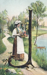 J: A Woman Standing in a Long Skirt, Apron, and Bodice Holding a Basket of Flowers. Countryside Setting - Alphabet Characters Ref Th. E., L. Theochrom - Series 994. Theodor Eisman, publisher, Leipzig