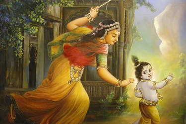 Jalaram Prathna Hindu Temple, Leicester. Fresco. Yashoda and Krishna, United Kingdom