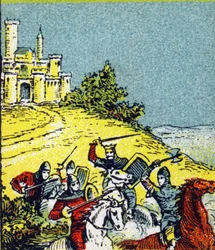 King Louis VI Le Gros fought against the robbery of the lords of the kingdom. Engraving in "Histoire de France". Series of advertising images published on behalf of Louit, circa 1920.