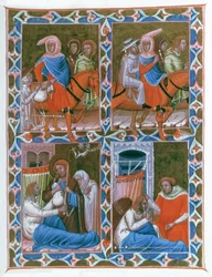 Knight from Lyon to Compostela, Takes an Old Woman and a Sick Man. Christ then St Jacques Appears to the Dying Knight