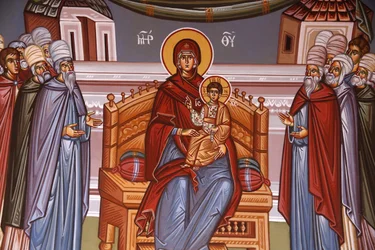 Kykkos Monastery, Cyprus: Fresco of Virgin and Child Surrounded by Orators, Pedoulas, Cyprus