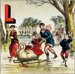 L: Lake. A Lake is a Large Body of Water Enclosed by Land. Lake Geneva is a Wonderful Lake - Engraving from Alphabet Geographique. Guerin-Muller et Cie, publishers, Paris