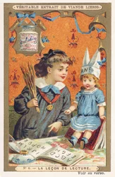 The Reading Lesson. A little girl makes her doll read the alphabet while threatening it with a handful of rods. Advertising chromolithography, Liebig