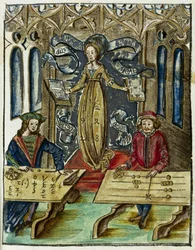 Mathematical instruments in the 16th century: speed calculation competition between Pythagoras (580-500 BC) and Boethius (480-524), Pythagoras uses his counting table (abacus) and Boethius uses algorithms