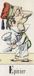 Letter E: Grocer. Alphabet of the Eastern Tale. Imaging of Epinal, circa 1890. Popular series.