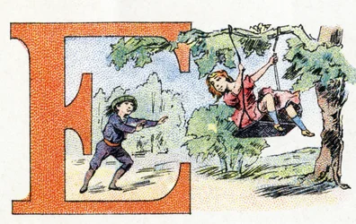 Letter E: Scarpolette. Alphabet of Phosphatine Falieres. Engraving. Brevete alphabet S.G.D.G. by pharmacist Pierre Emile Falieres