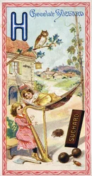 Letter H: Hotel, owl, hammock, harp, axe, hedgehog, hops, dumbbells, chabbing, hamlet. Engraving of the Alphabet edited by Chocolat Suchard, beginning of the 20th century.