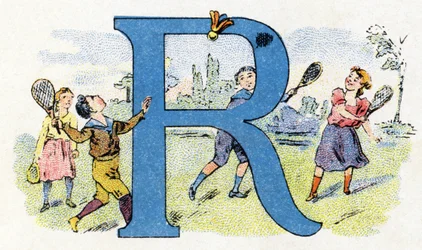 Letter R: Flying Racket. Alphabet of Phosphatine Falieres. Engraving. Late 19th century