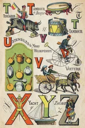 Letter T, U, V, X, Y and Z. Engraving in "ABC Toys". Epinal imaging in chromolithography, circa 1890