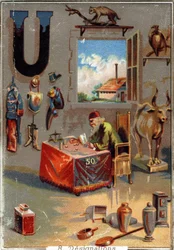 Letter U: uniforms; urn; urus; urubu; loan sharper; utensils; factory. Alphabet. Chromolithographs of Parisian Lithography, circa 1890