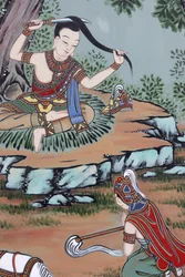 Life of Buddha: Prince Siddhartha exchanged his fine clothes for rags and cut his long hair, Seoul, South Korea