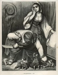 Little Poulet and his brothers begged the ogre not to kill them. Engraving by Gustave Dore from 