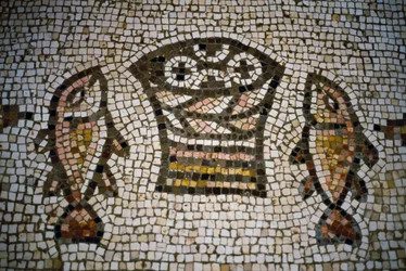 Loaves and fish, mosaic in the church of the Multiplication, 4th century, Tabgha, Israel