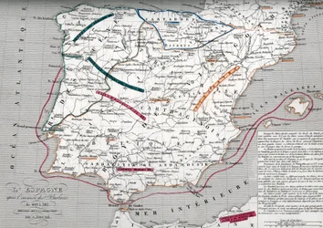 Map of Spain at the times of Germanic Hispania, 409-585 (Engraving from 