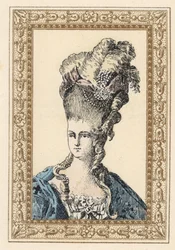 Marie Antoinette, wife of King Louis XVI of France, in elaborate hairstyle crowned with ribbons and pearls