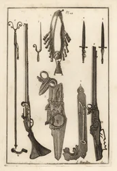 Matchlock musket, lock and bayonet from the Tower of London, bayonet, musket rest and bayonet, musket rest, bandileers and powder flask, wheel lock, and spanner