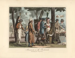 Merchants itinerant on the boulevards, a salesman of herbal tea with his barrel on his back, a blind man with his dog, a porter and a seller of prints. Eau forte after an illustration by Victor Auver, from Un tour through Paris, published by William Sams