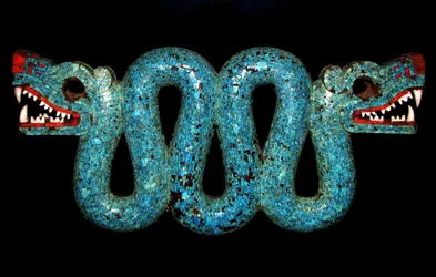 Mosaic of a double-headed serpent for use as a ceremonial pectoral. Aztec, Mixtec, Mexico. 15th-16th century AD