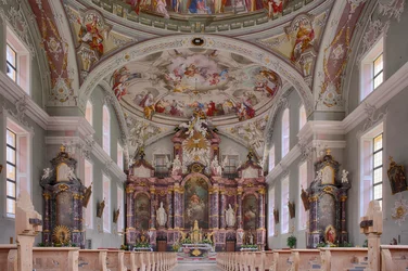 Nave, Altar, Ceiling Painting, Interior Photograph, St. George Catholic Parish Church, Neustift, Stubai Valley, Tyrol, Austria