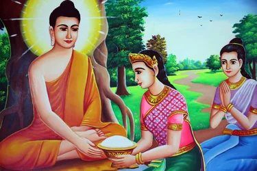 Painting depicting Buddha receiving offerings, Cambodia