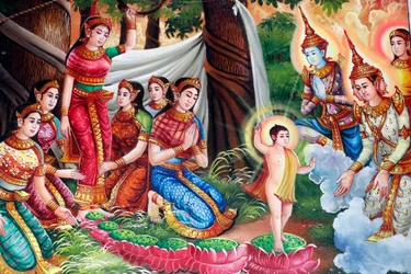 Painting depicting the life story of Shakyamuni Buddha. Birth of Buddha in the Lumbini grove. Kep. Cambodia.