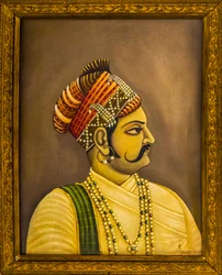 Paintings of Maharajas in the City Palace, Jaisalmer, an exotic city in the Thar Desert, Jaisalmer, Rajasthan, India, Asia