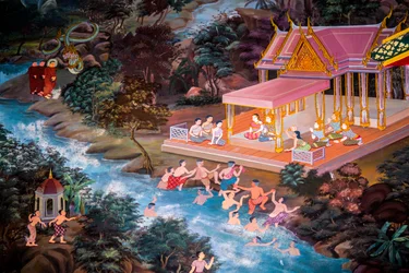 Paintings of village scenes with Buddha in Thailand, Wat Bang Riang, Thub Pat, Phang Nga, Thailand, Asia