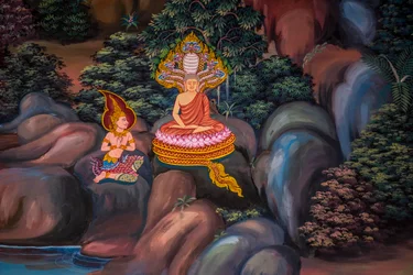 Paintings of village scenes with Buddha in Thailand, Wat Bang Riang, Thub Pat, Phang Nga, Thailand, Asia