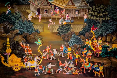 Paintings of Village Scenes with Buddha in Thailand, Wat Bang Riang, Thub Pat, Phang Nga, Thailand