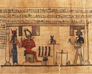 Papyrus from the First Book of Breathing of Ousirour, Thoth weighing soul of Ousirour before Isis and Osiris