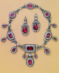 Part of an Antique Spinel and Diamond Parure Comprising Tiara, Hair Ornament, Necklace and Ear-Pendants