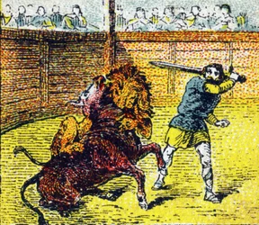 Pepin Le Brief descends into the arena to shoot down the lion who had just jumped on the neck of the bull. Engraving in "Histoire de France". Series of advertising images published on behalf of Louit, circa 1920.