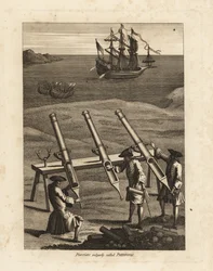 Pierriers firing stones at a ship in a bay