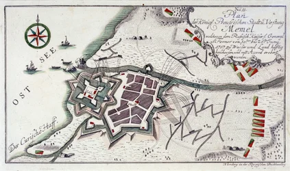 Plan of Memel (Present-Day Klaipeda, Lithuania), During the Surrender of the City, 27 June to 5 July 1757. Etching Water in 1764 Colors
