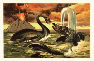 Plesiosaurus and Ichthyosaurus Battling in Front of an Erupting Volcano 1908