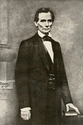 Portrait of President Abraham Lincoln (1809-1865). Reproduction of a photograph by Matthew Brady